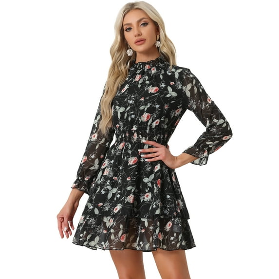 DARING DIVA Floral Ruffle Trim Layered Dresses S Black
