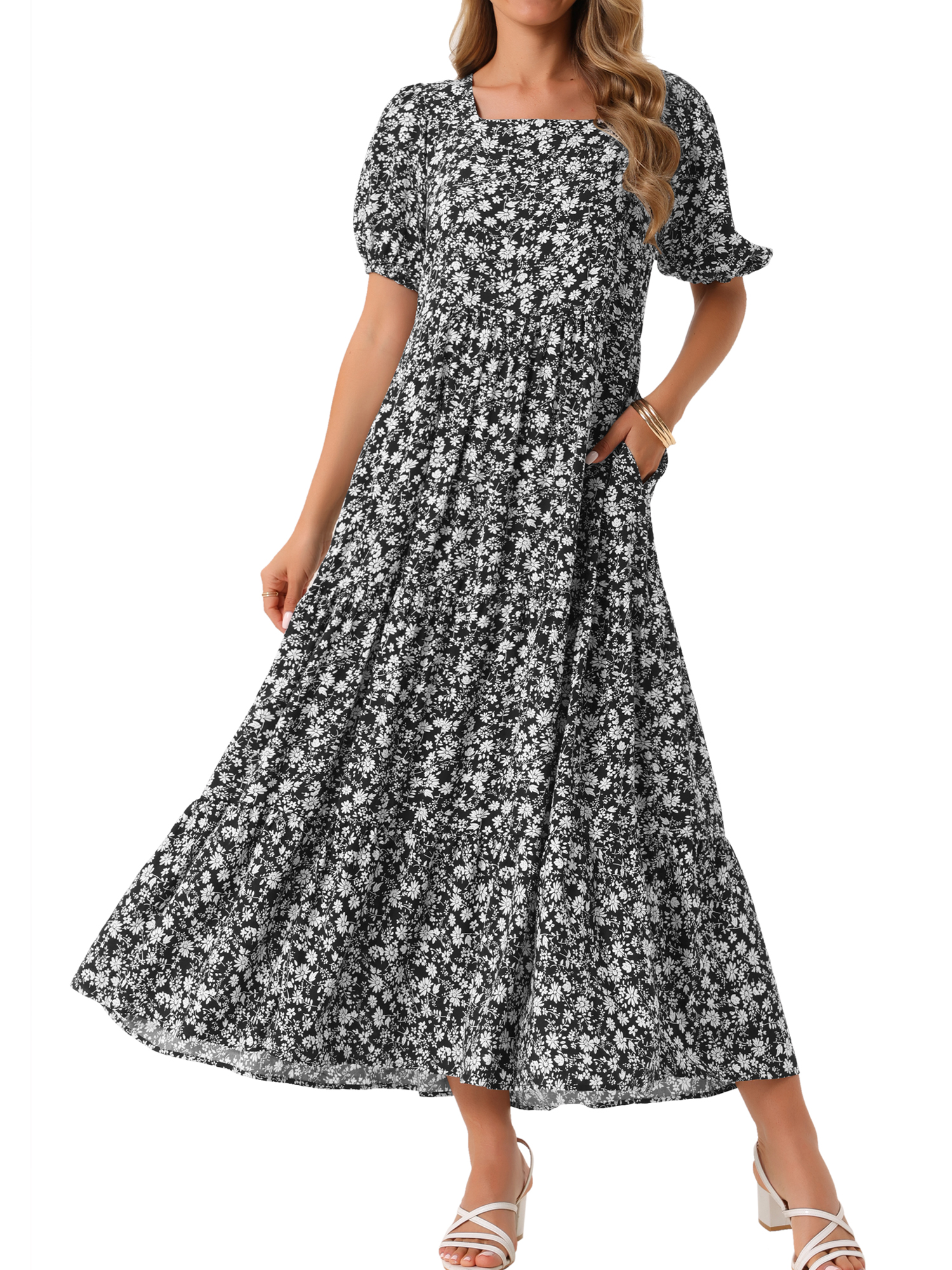 DARING DIVA Women's Floral Short Sleeve Square Neck Boho Casual Dress S Black