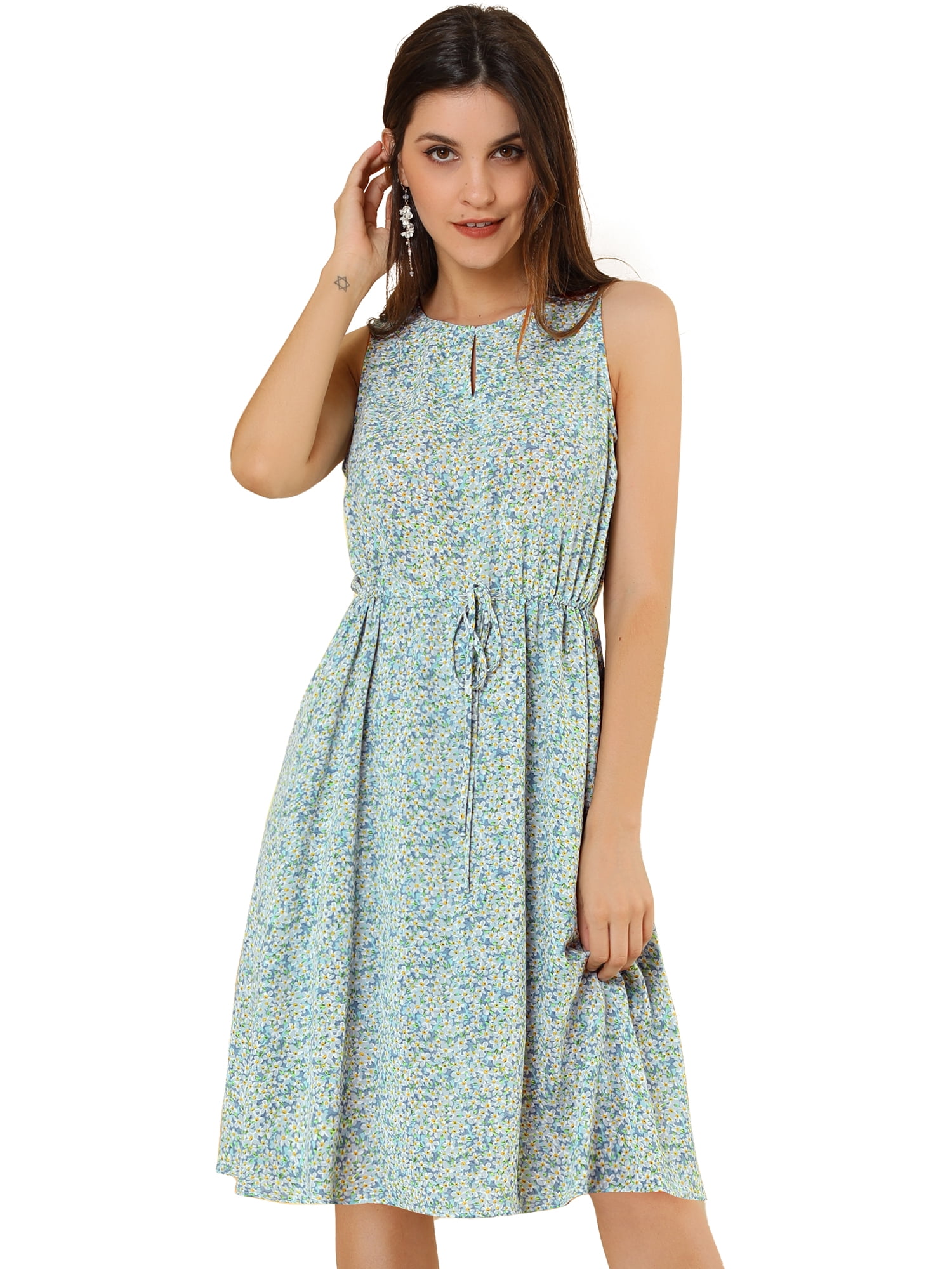 DARING DIVA Floral Sleeveless Drawstring Waist A-Line Dress 3XL Light Blue