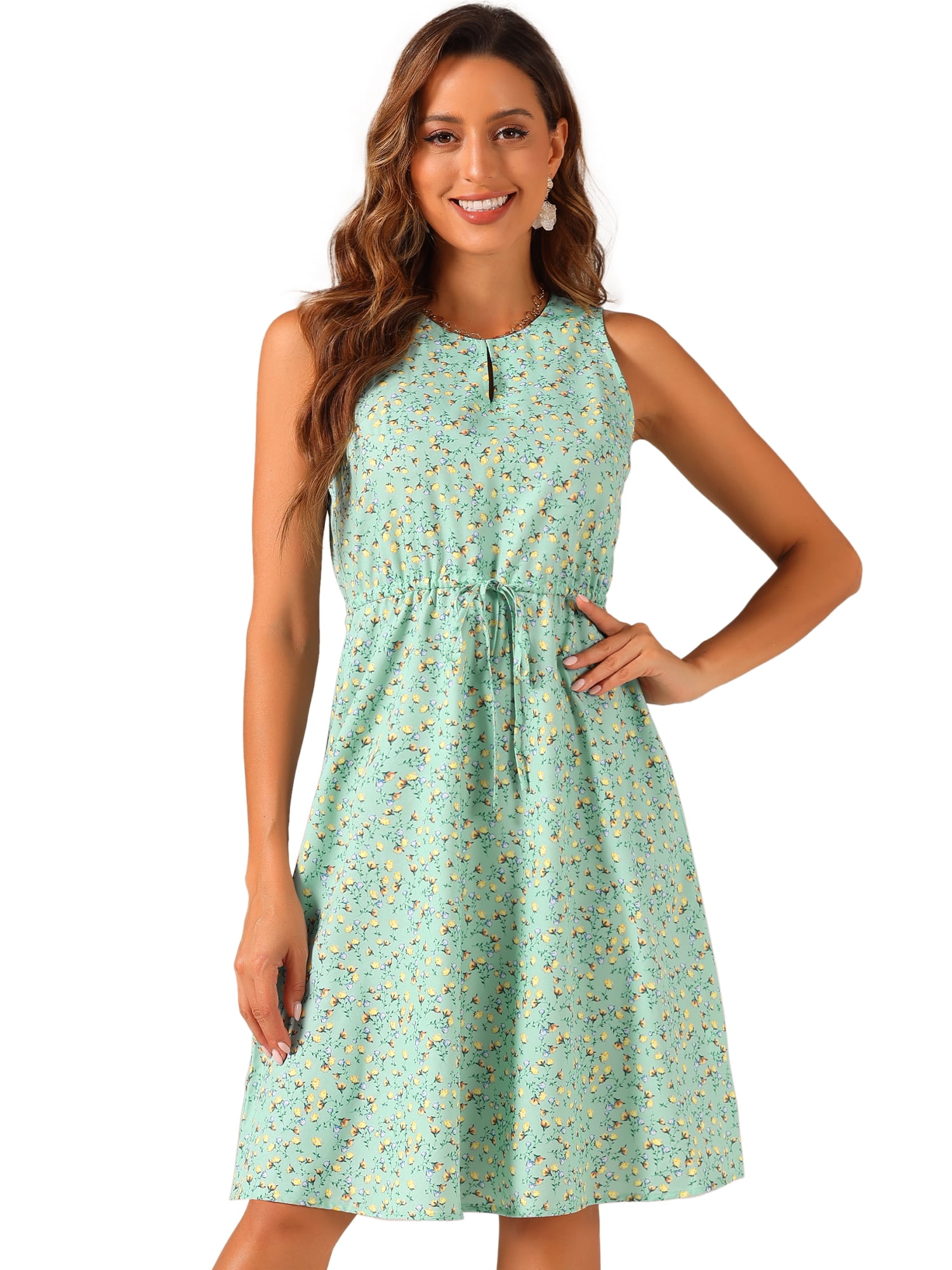 DARING DIVA Floral Sleeveless Drawstring Waist A-Line Dress M Light Green