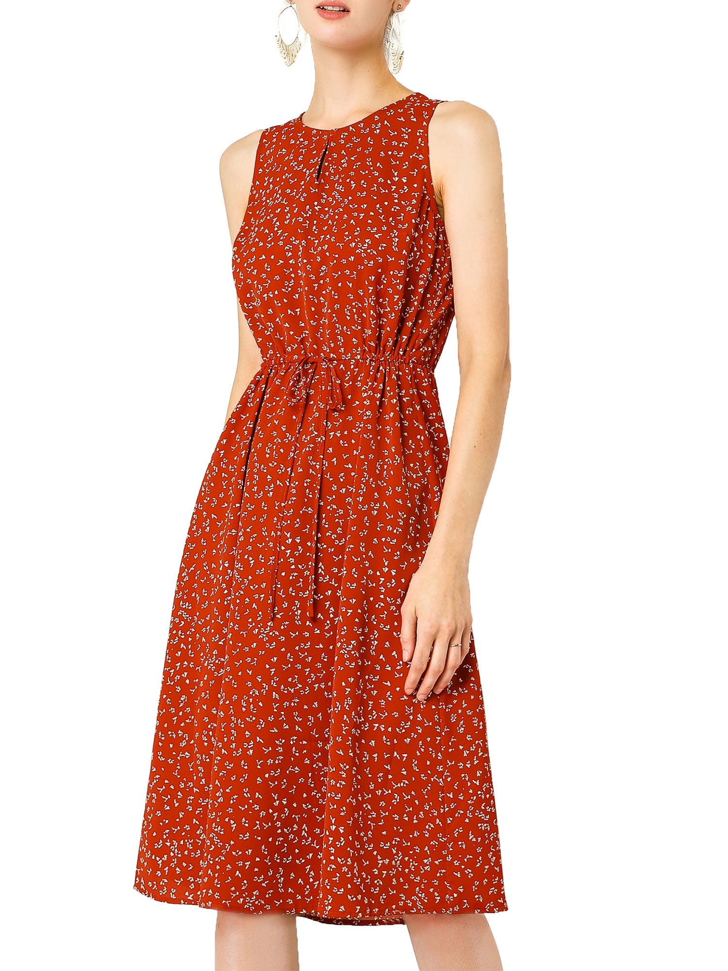 DARING DIVA Floral Sleeveless Drawstring Waist A-Line Dress M Red
