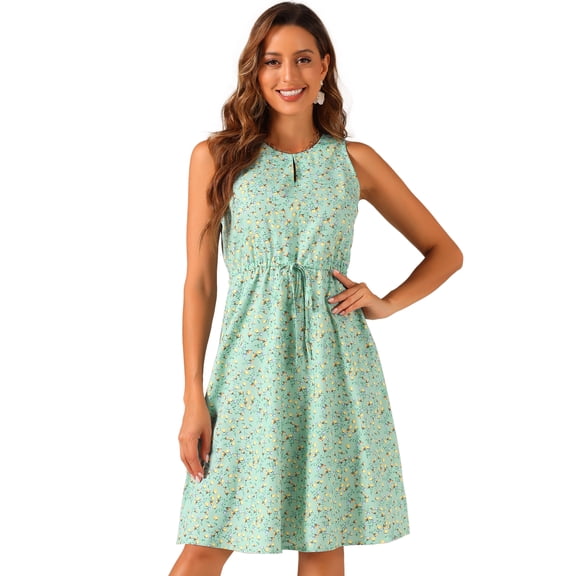DARING DIVA Floral Sleeveless Drawstring Waist A-Line Dress S Light Green