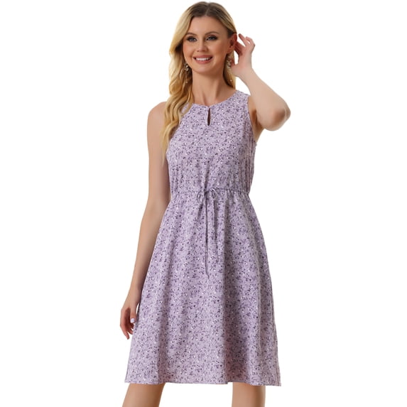DARING DIVA Floral Sleeveless Drawstring Waist A-Line Dress S Purple