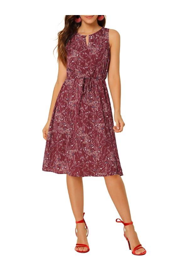 Floral Sleeveless Drawstring Waist A-Line Dress XL Burgundy