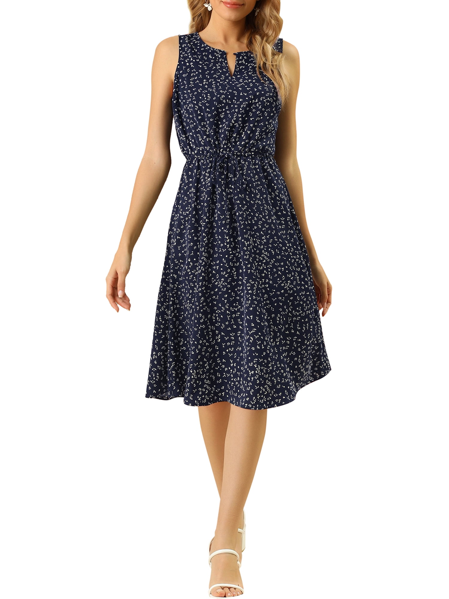 DARING DIVA Floral Sleeveless Drawstring Waist A-Line Dress XL Dark Blue