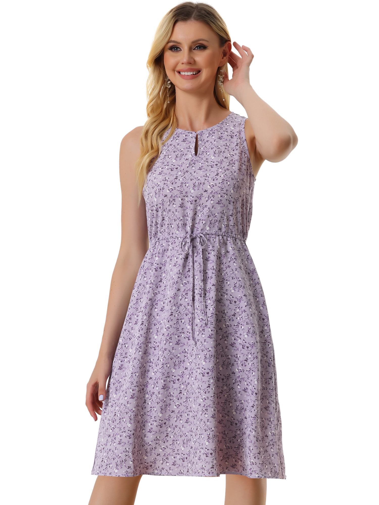DARING DIVA Floral Sleeveless Drawstring Waist A-Line Dress XL Purple