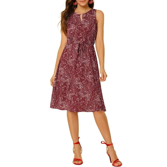 DARING DIVA Floral Sleeveless Drawstring Waist A-Line Dress XS Burgundy