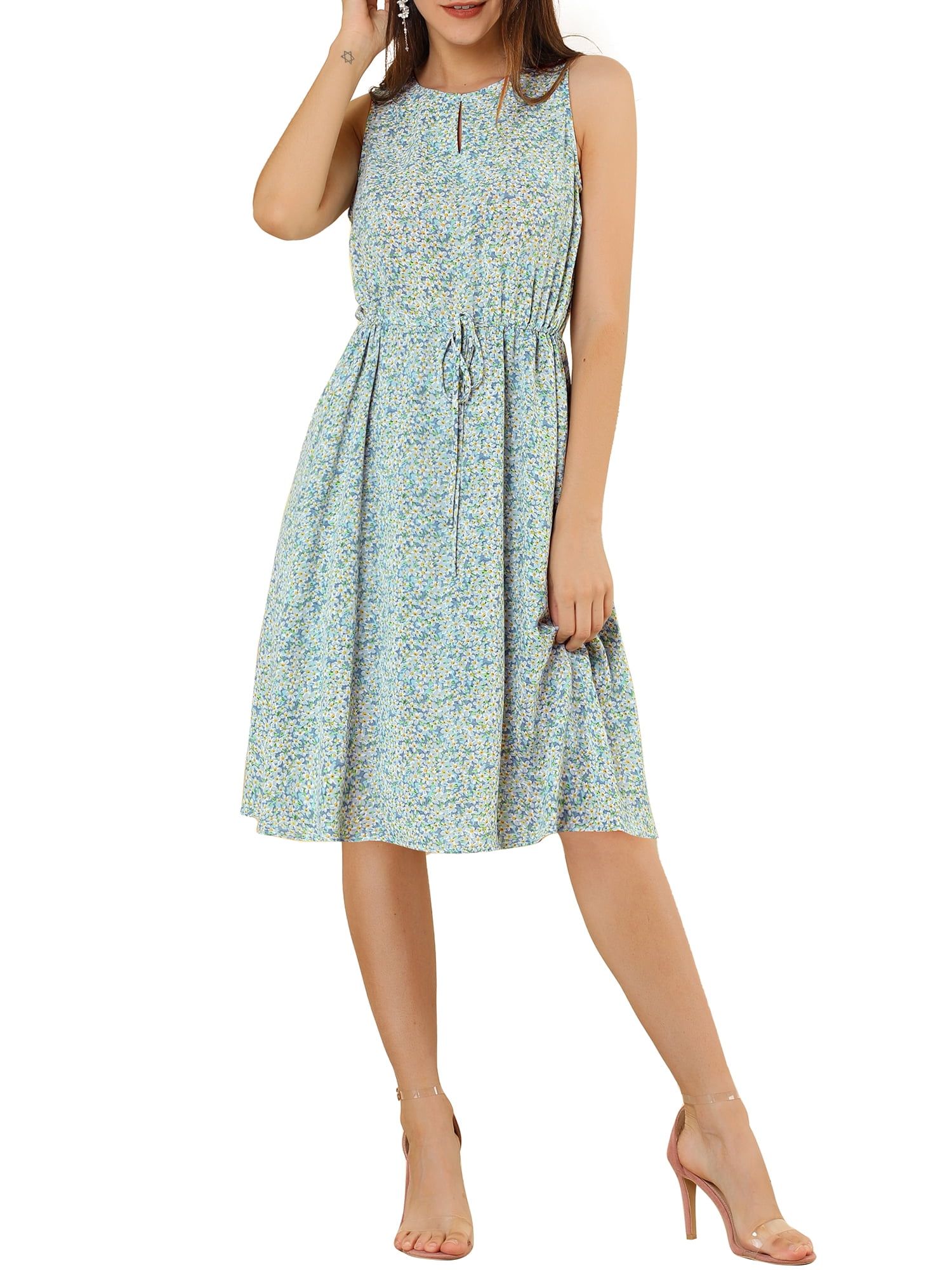 DARING DIVA Floral Sleeveless Drawstring Waist A-Line Dress XS Light Blue