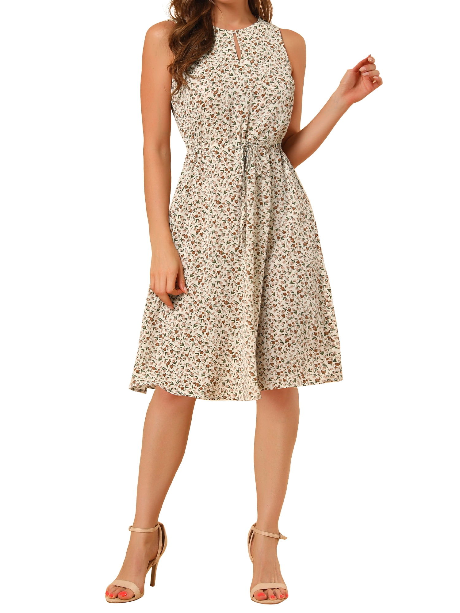 DARING DIVA Floral Sleeveless Drawstring Waist A-Line Dress XS White
