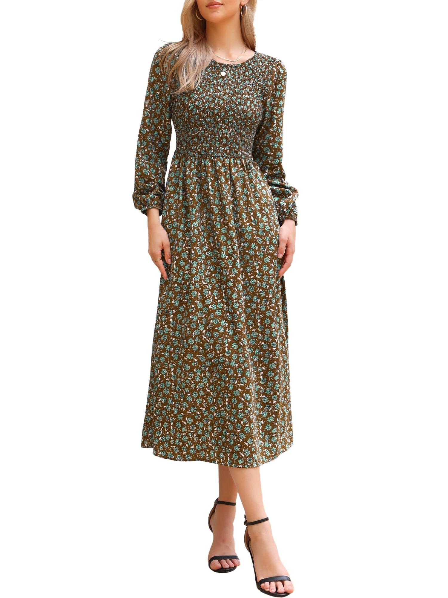 DARING DIVA Floral Smocked Long Puff Sleeve A-Line Boho Maxi Dress L Brown