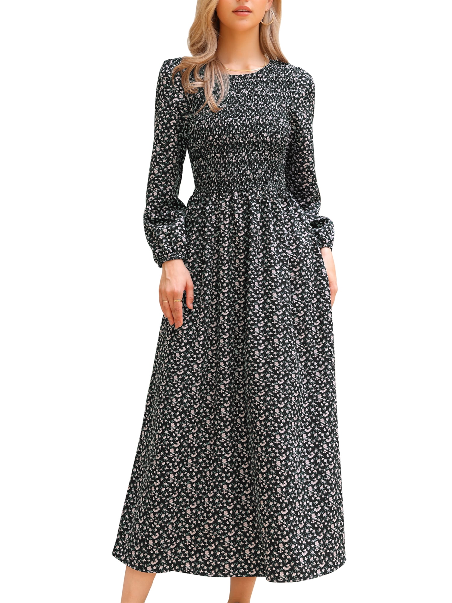 DARING DIVA Floral Smocked Long Puff Sleeve A-Line Boho Maxi Dress S Black