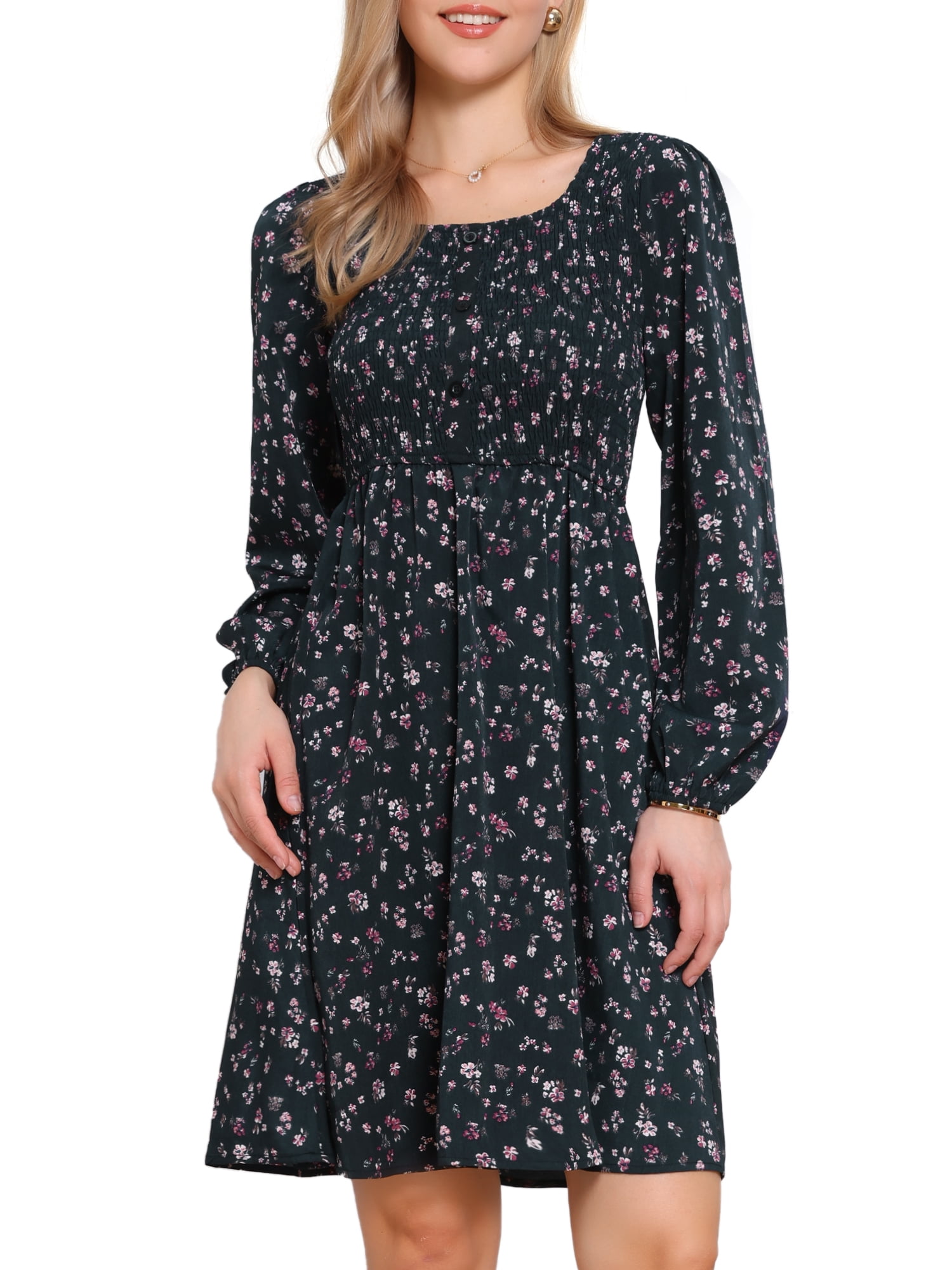 DARING DIVA Floral Smocked Long Sleeve A-Line Flowy Midi Fall Dress S Dark Blue