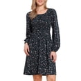 thumbnail image 1 of DARING DIVA Floral Smocked Long Sleeve A-Line Flowy Midi Fall Dress XS Dark Blue, 1 of 6