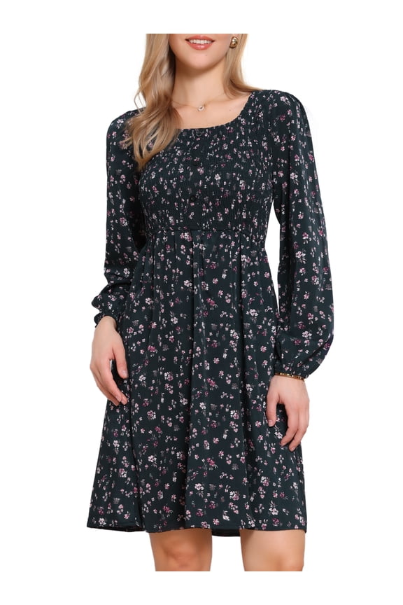 Floral Smocked Long Sleeve A-Line Flowy Midi Fall Dress XS Dark Blue