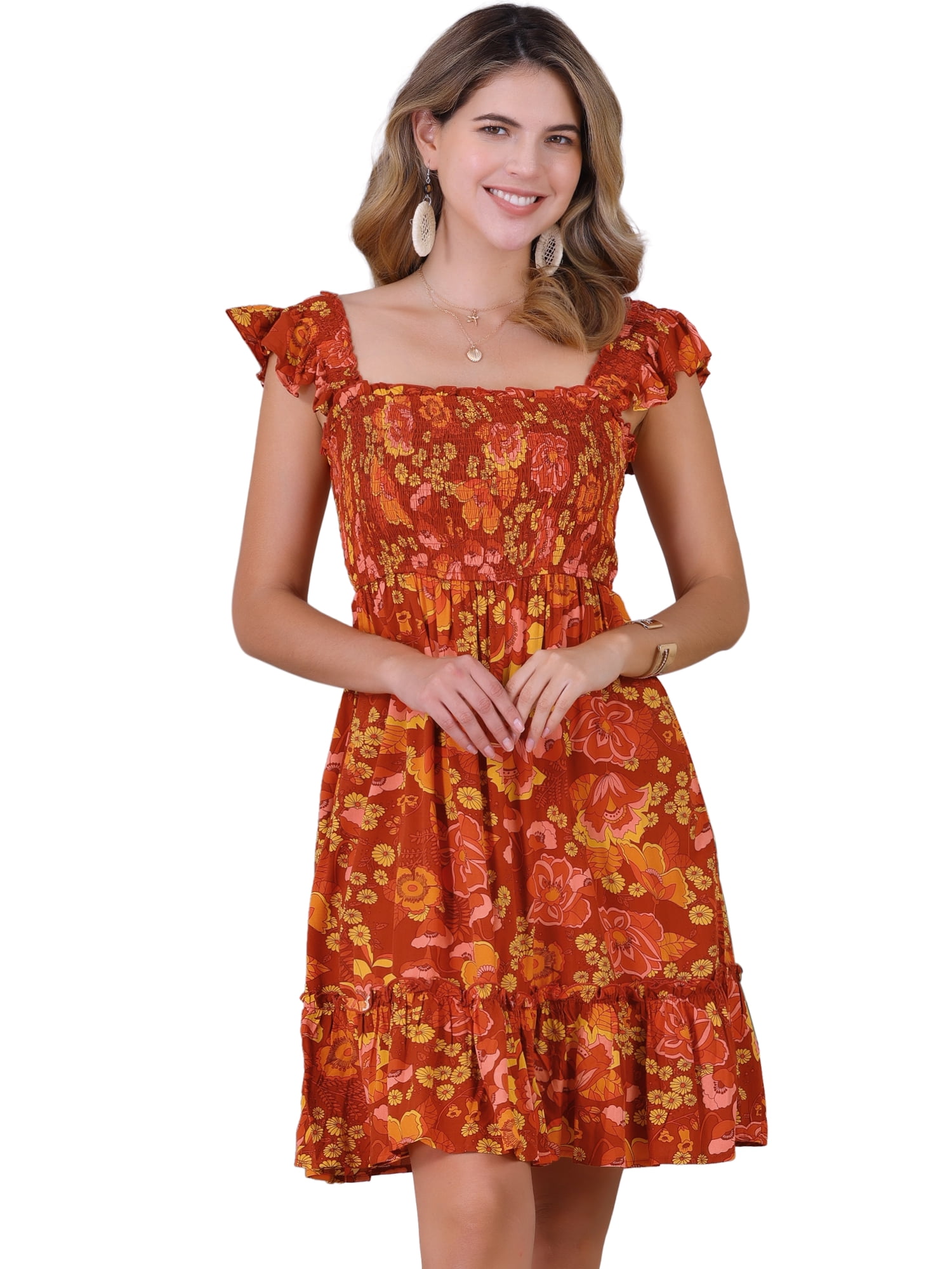 DARING DIVA Floral Smocked Sleeveless Square Neck Ruffled Dress L Red Orange