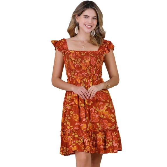 DARING DIVA Floral Smocked Sleeveless Square Neck Ruffled Dress L Red Orange