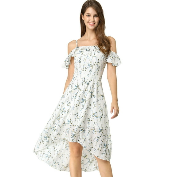 DARING DIVA Floral Spaghetti Straps Ruffled Sleeve Midi Dress L White Blue