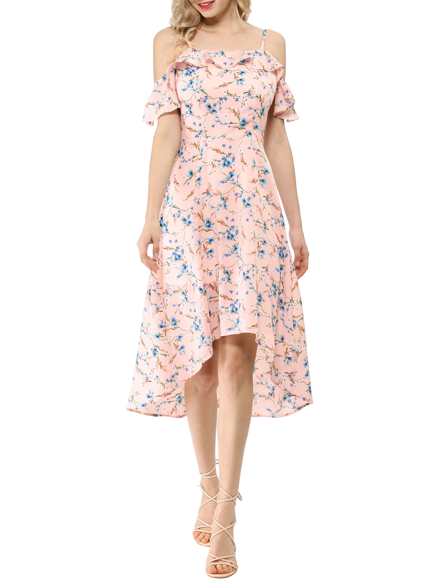 DARING DIVA Floral Spaghetti Straps Ruffled Sleeve Midi Dress S Pink