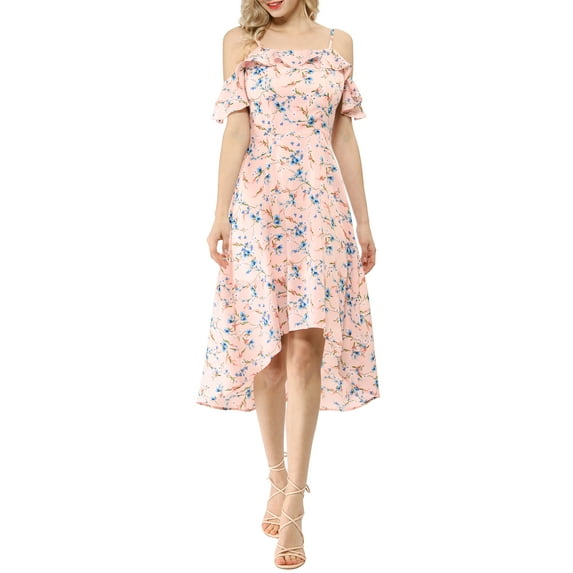 DARING DIVA Floral Spaghetti Straps Ruffled Sleeve Midi Dress S Pink