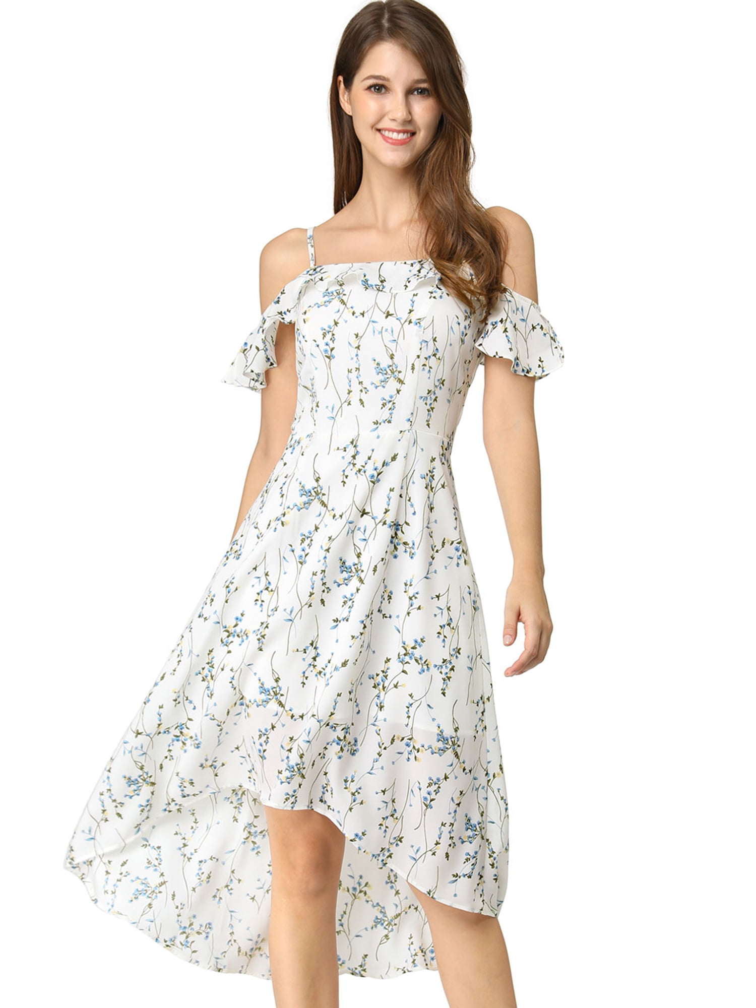 DARING DIVA Floral Spaghetti Straps Ruffled Sleeve Midi Dress XL White Blue