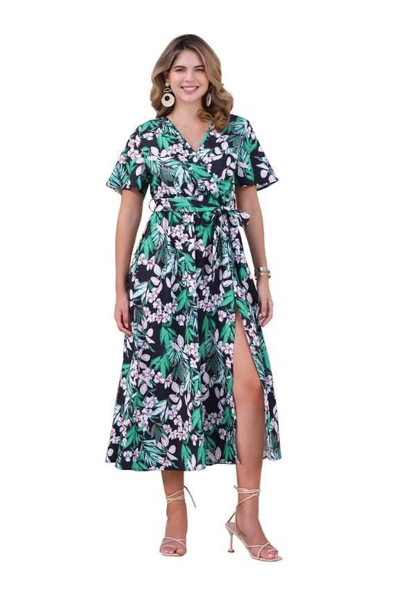 Floral Split Hem Short Sleeve Maxi Tropical Dress S Green