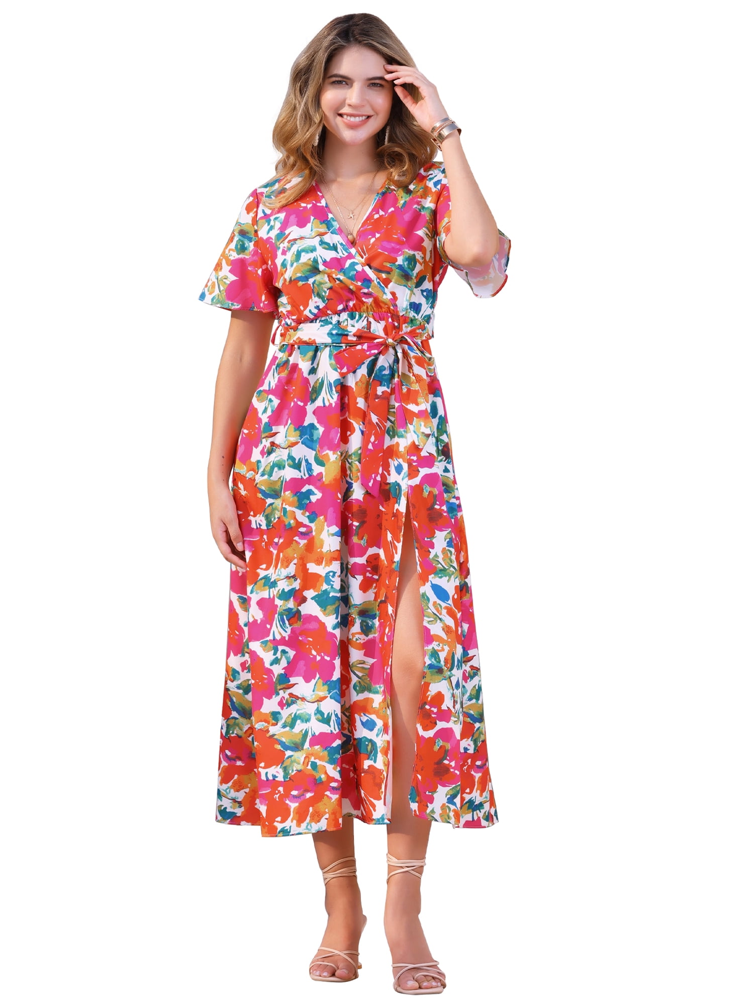 DARING DIVA Floral Split Hem Short Sleeve Maxi Tropical Dress S White Pink