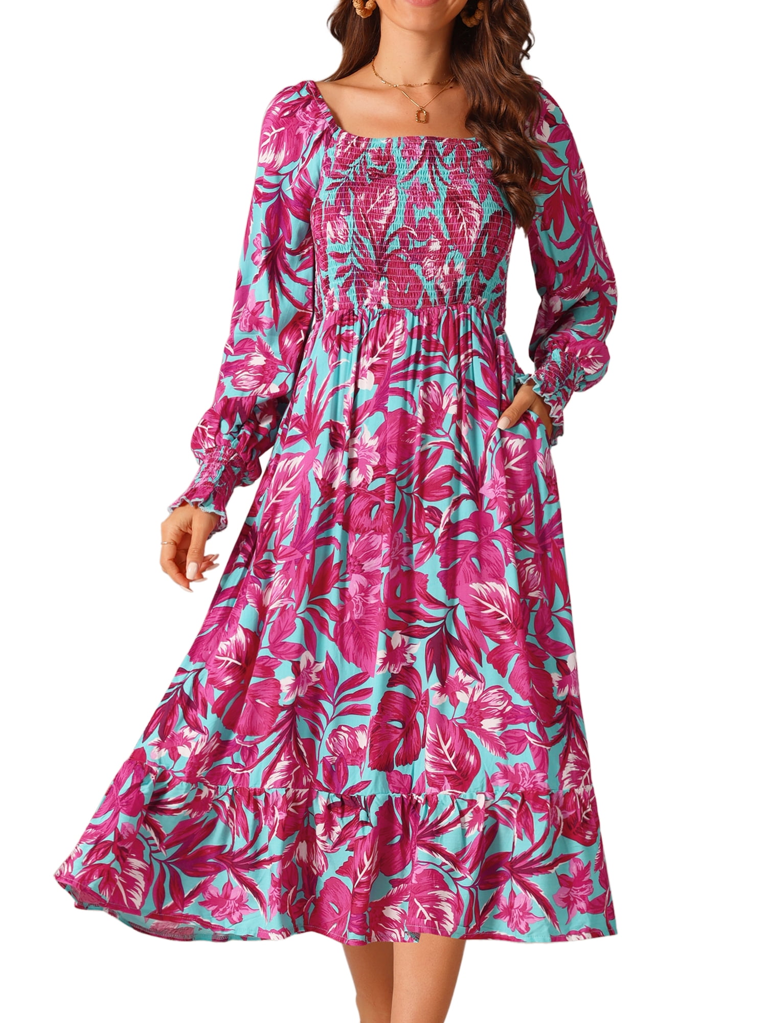 DARING DIVA Floral Square Neck Smocked Midi Dress S Hot Pink