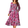 thumbnail image 1 of DARING DIVA Floral Square Neck Smocked Midi Dress S Hot Pink, 1 of 8