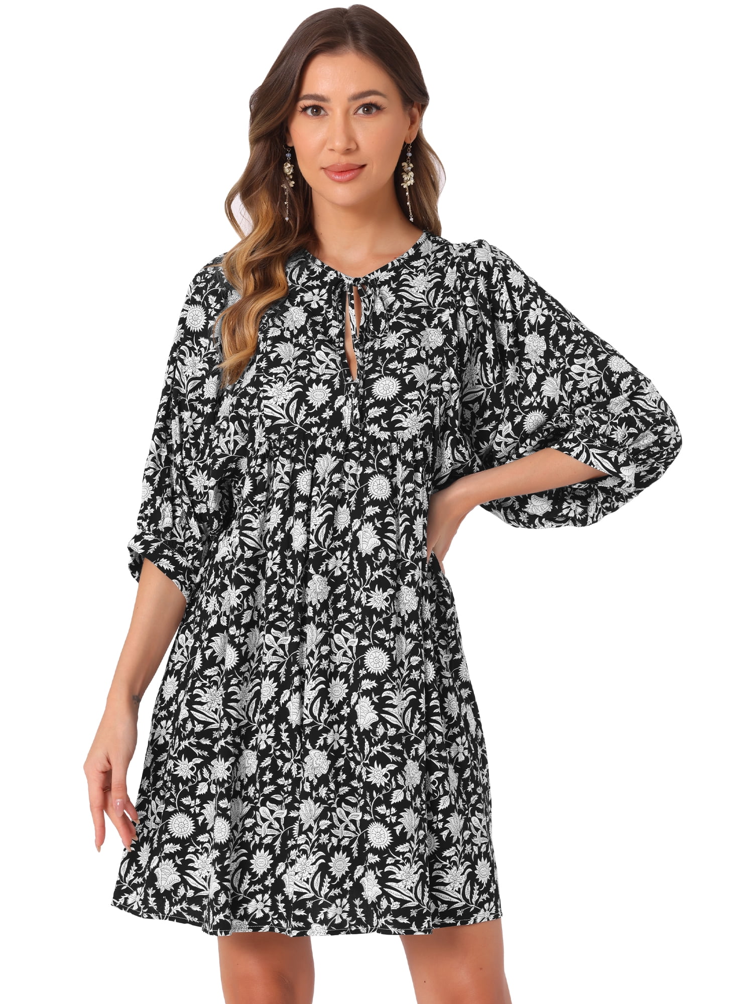 DARING DIVA Floral Summer 3/4 Sleeve Flare Mini Dress S Black