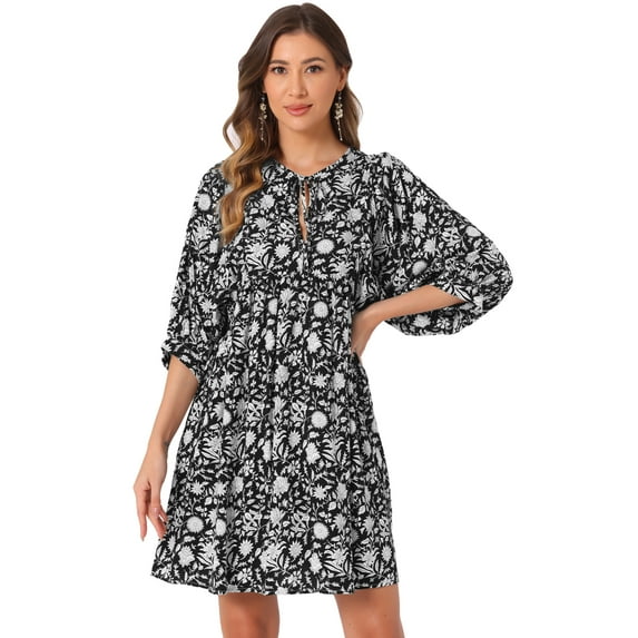 DARING DIVA Floral Summer 3/4 Sleeve Flare Mini Dress S Black