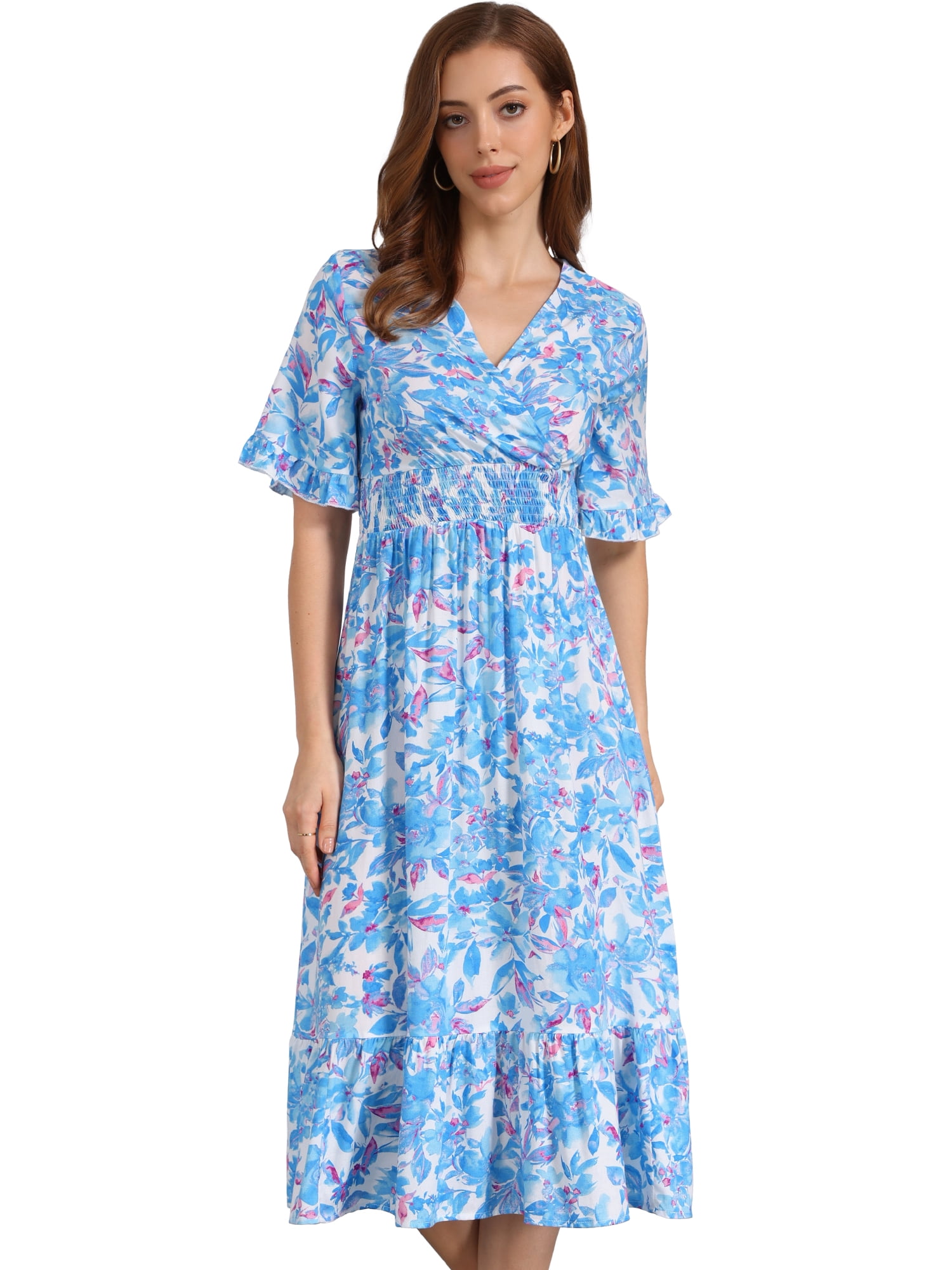 DARING DIVA Floral Summer Casual Ruffled Hem Wrap Midi Dress M Blue White
