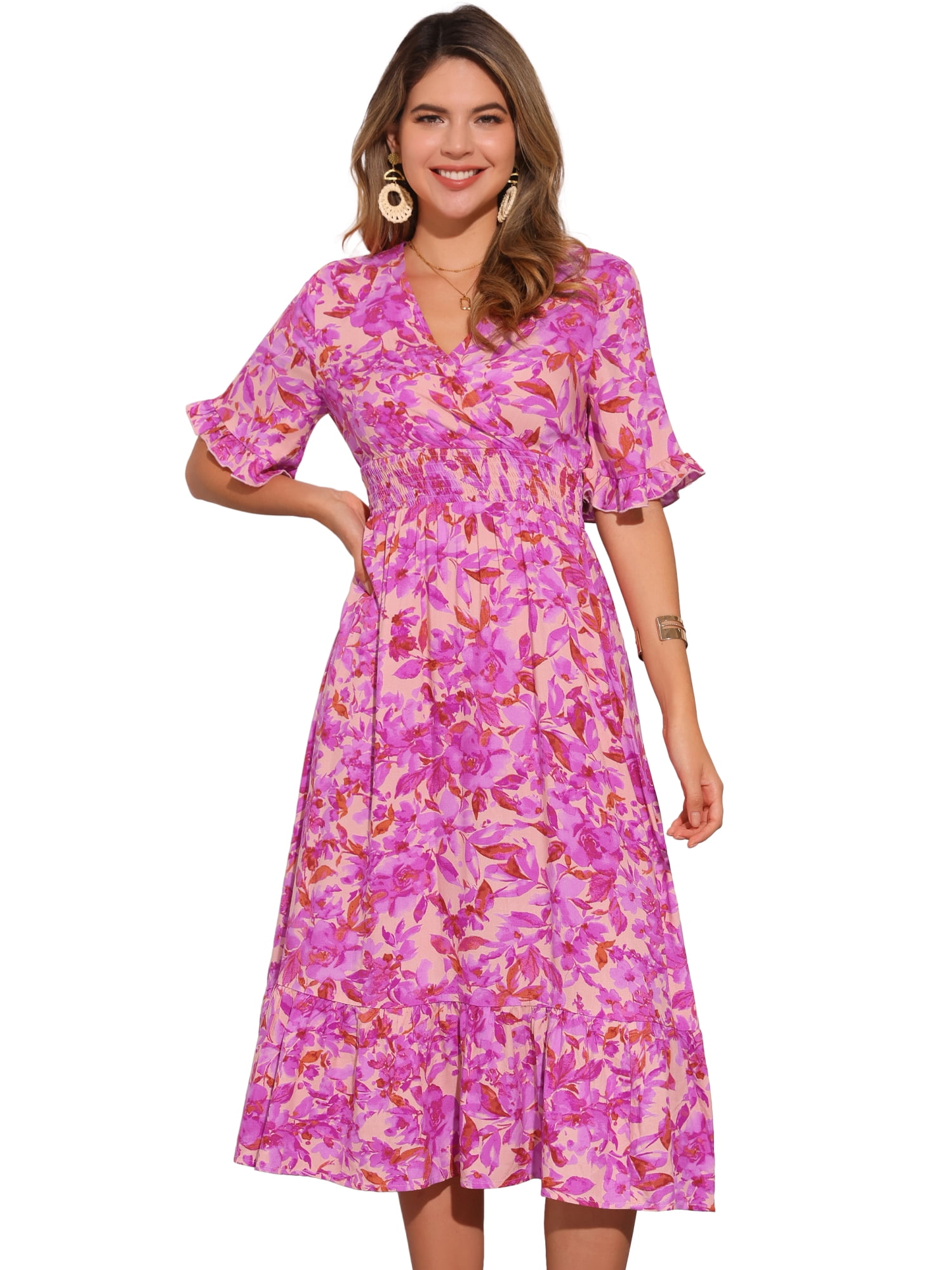DARING DIVA Floral Summer Casual Ruffled Hem Wrap Midi Dress XS Rose Pink
