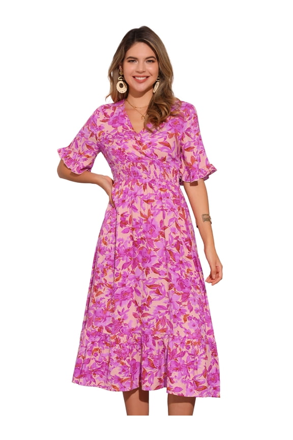 Floral Summer Casual Ruffled Hem Wrap Midi Dress XS Rose Pink