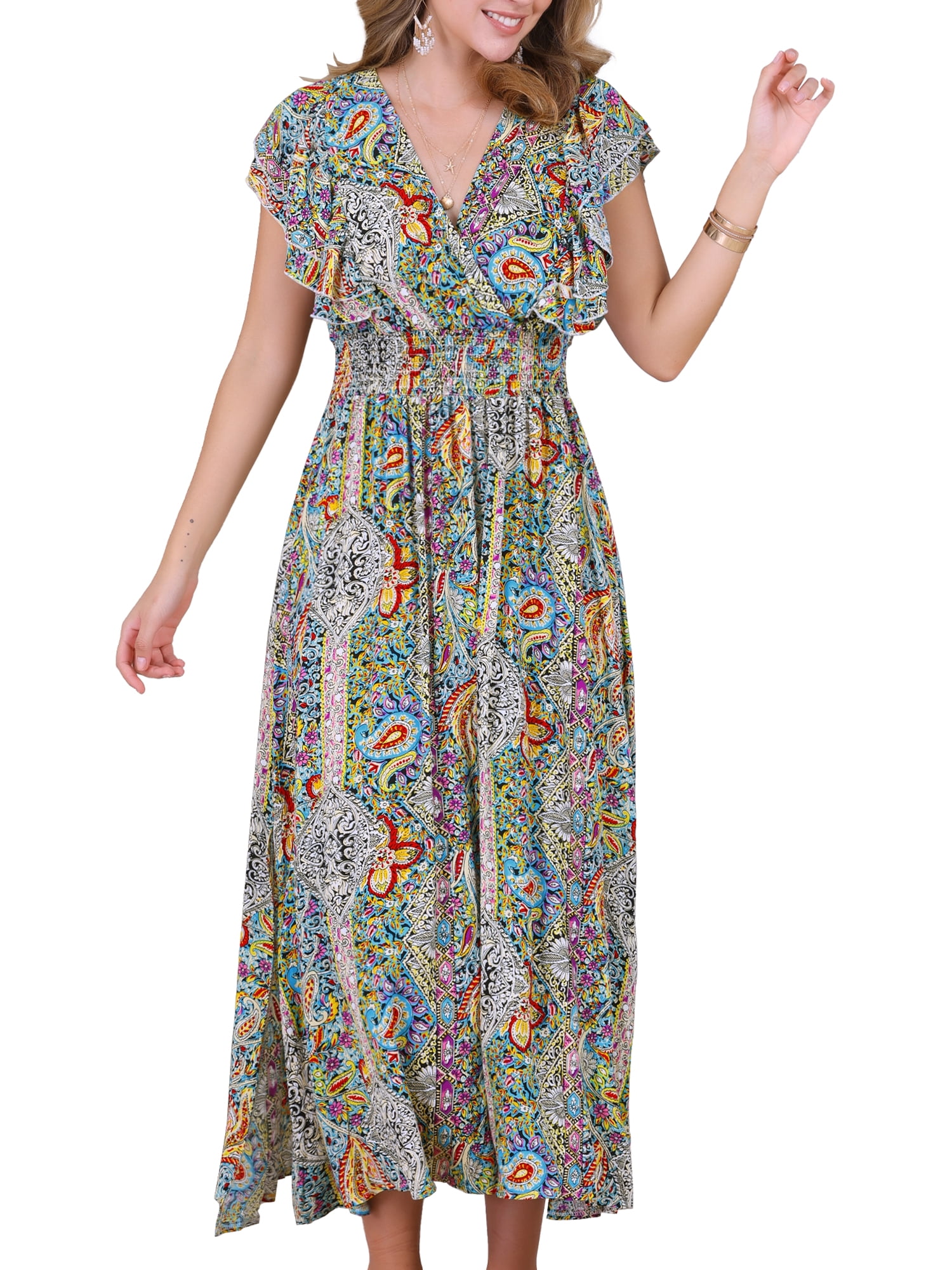DARING DIVA Floral V Neck Shirred Elastic Waist Split Flowy Long Dress S Multicolor