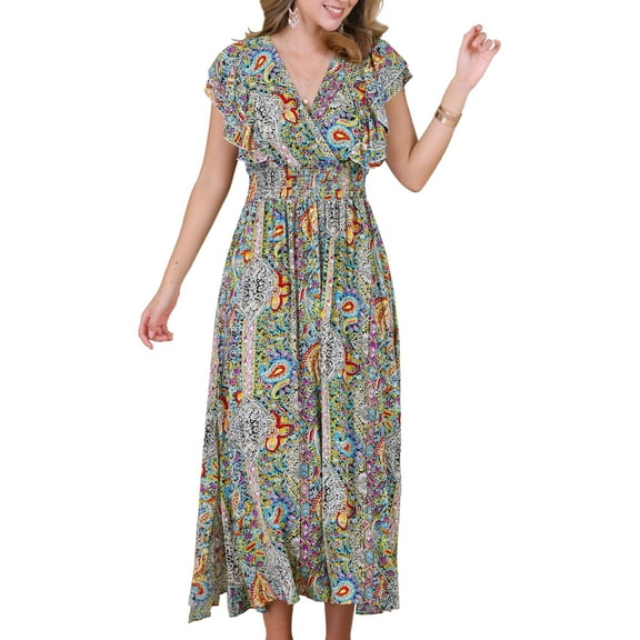DARING DIVA Floral V Neck Shirred Elastic Waist Split Flowy Long Dress S Multicolor
