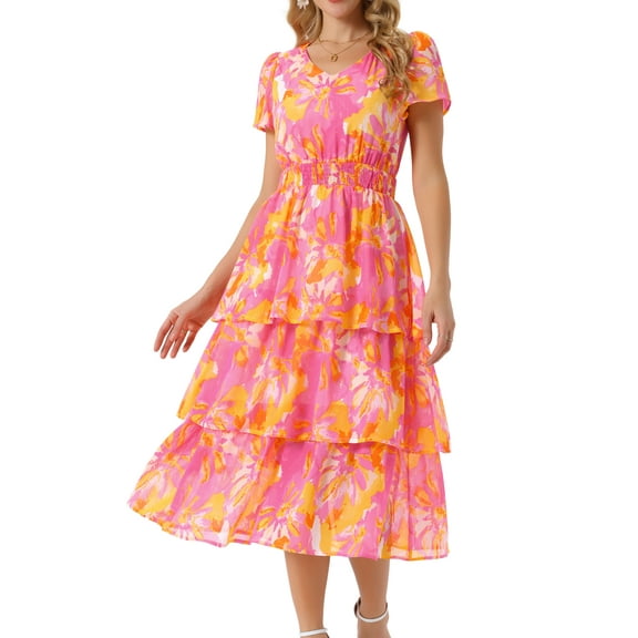 DARING DIVA Floral V Neck Short Sleeve Ruffle Tiered Midi Dress M Hot Pink