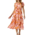 thumbnail image 1 of DARING DIVA Floral V Neck Short Sleeve Ruffle Tiered Midi Dress S Orange, 1 of 7