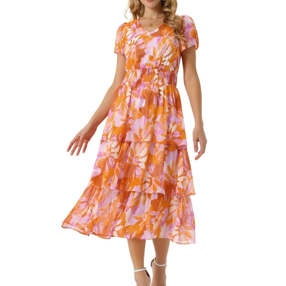 DARING DIVA Floral V Neck Short Sleeve Ruffle Tiered Midi Dress S Orange