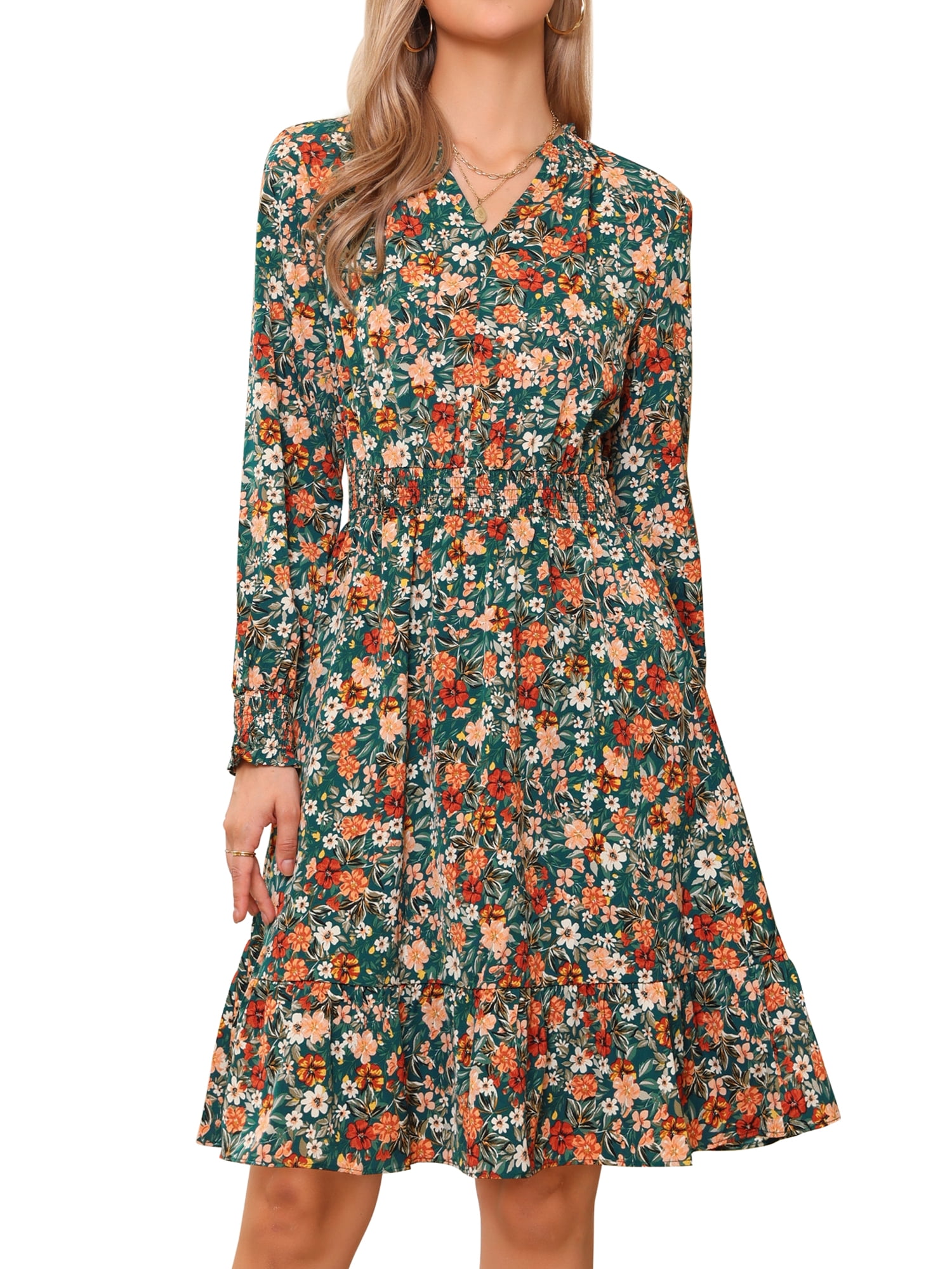 DARING DIVA Floral V Neck Smocked Waist A Line Flowy Dress S Green Orange