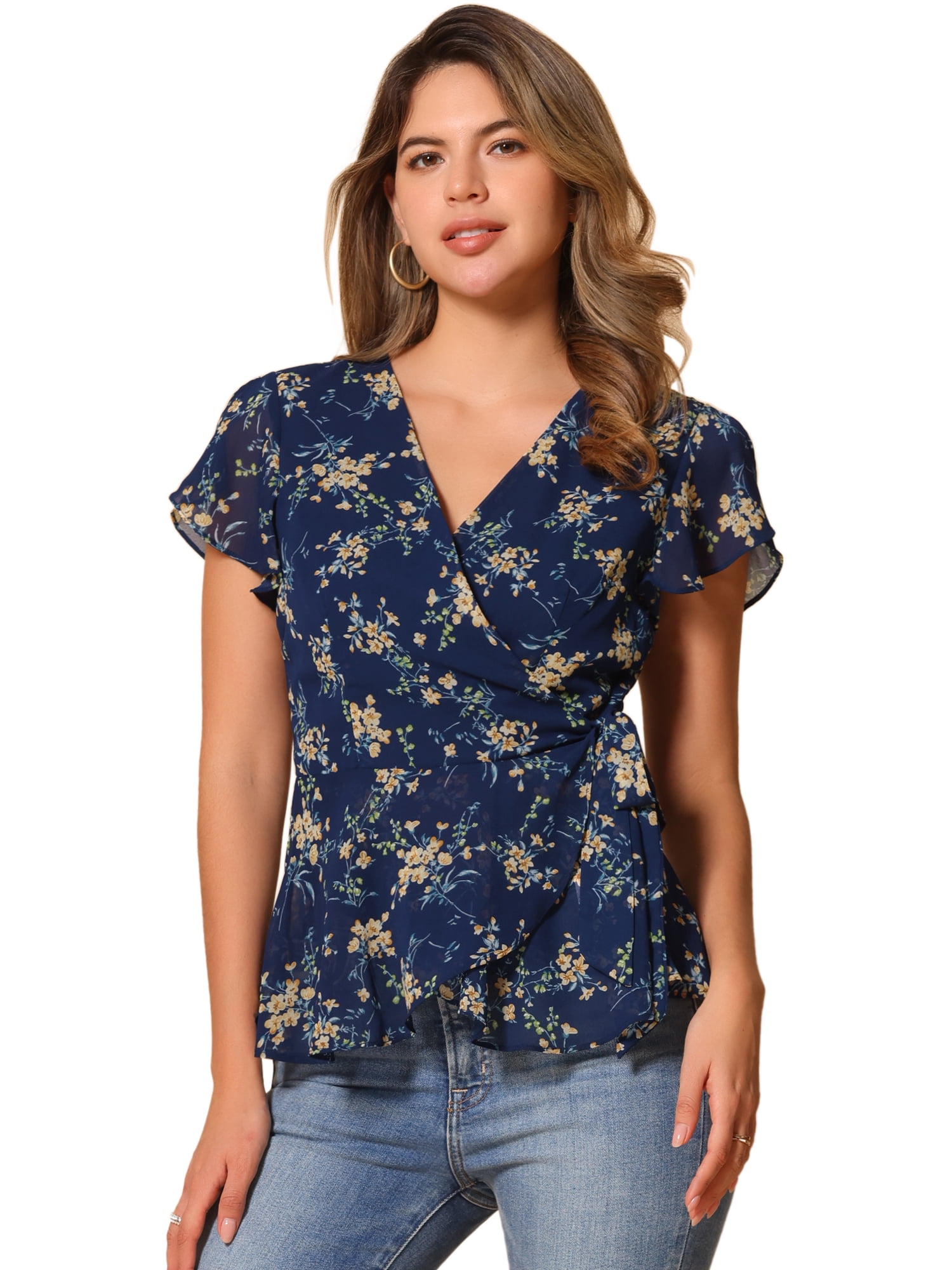 DARING DIVA Floral Wrap V Neck Tie Waist Peplum Blouse L Dark Blue