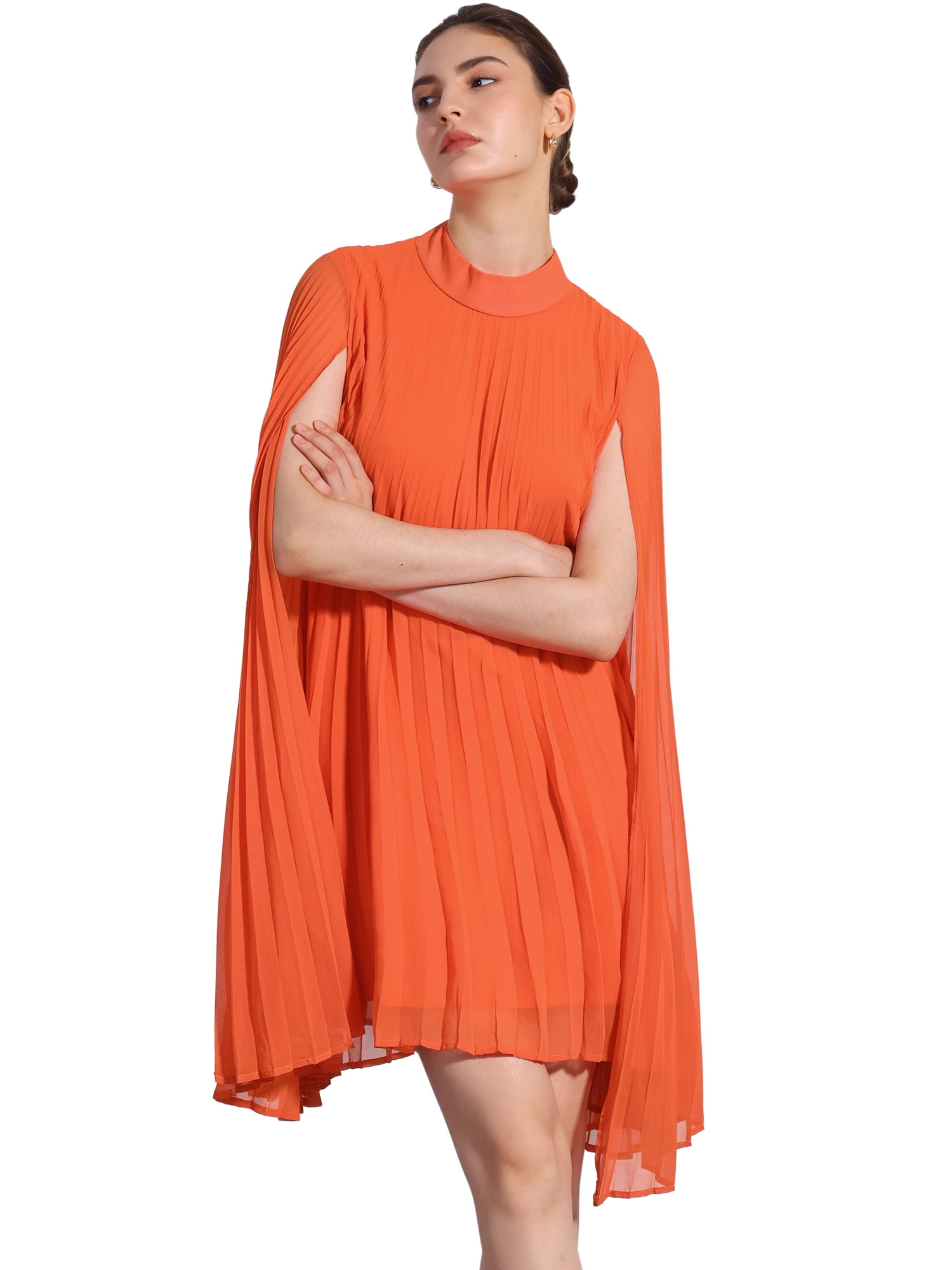 DARING DIVA Flowy Cloak Sleeve Cape Pleated Chiffon Dress 2XL Orange