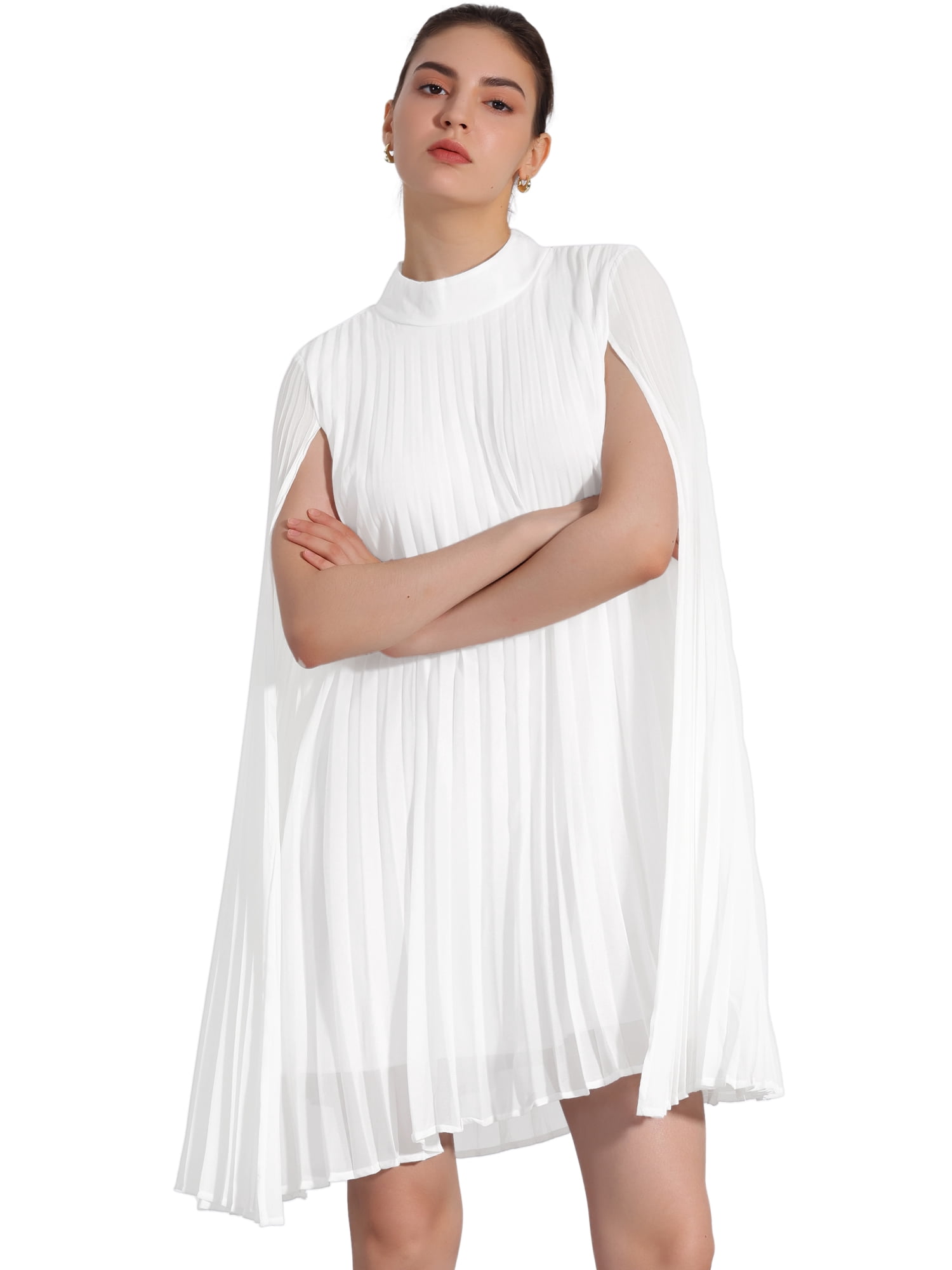 DARING DIVA Flowy Cloak Sleeve Cape Pleated Chiffon Dress 3XL White