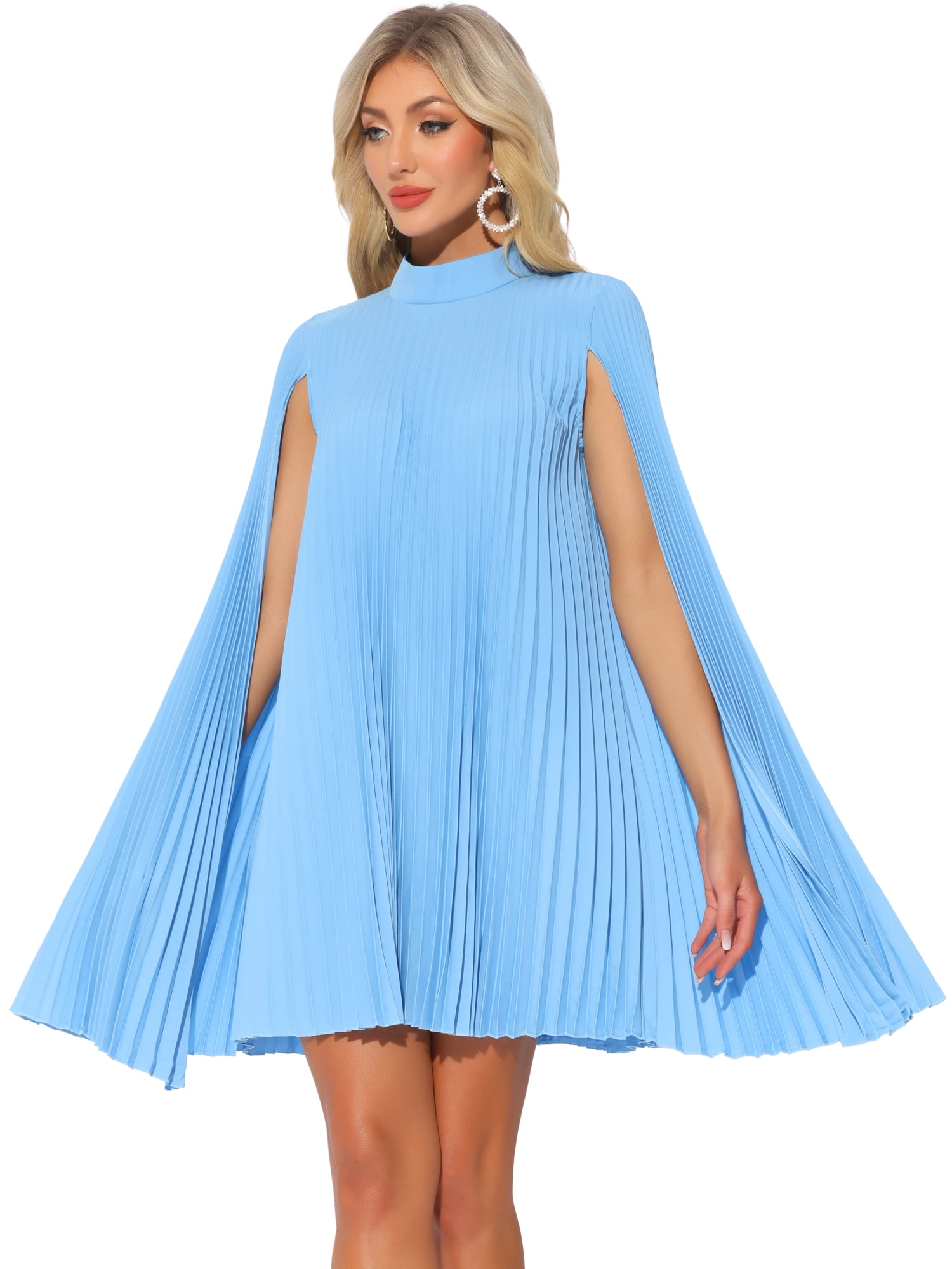 DARING DIVA Flowy Cloak Sleeve Cape Pleated Chiffon Dress L Blue