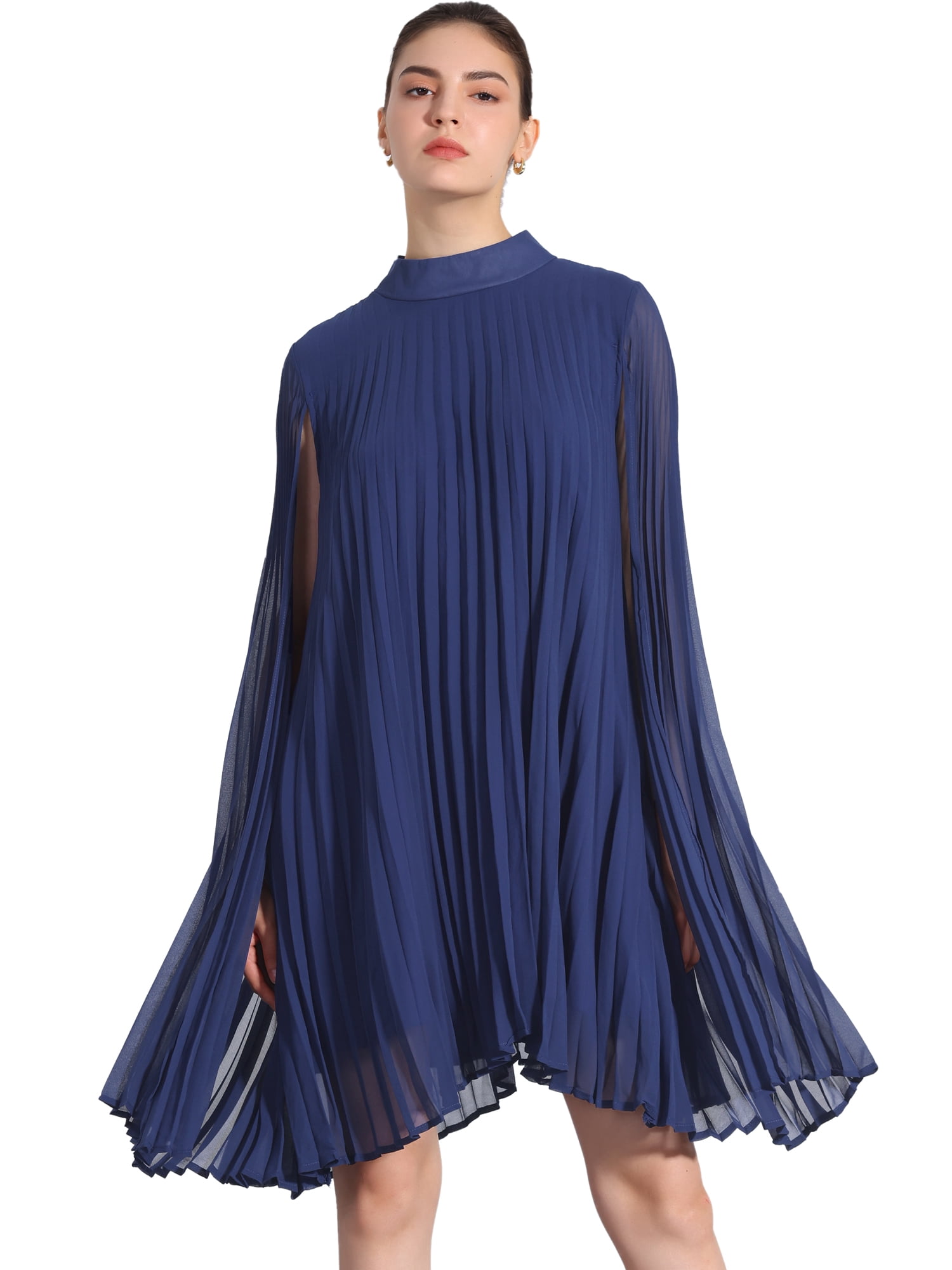 DARING DIVA Flowy Cloak Sleeve Cape Pleated Chiffon Dress L Dark Blue