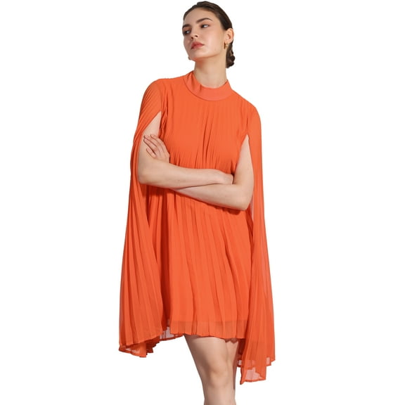 DARING DIVA Flowy Cloak Sleeve Cape Pleated Chiffon Dress L Orange