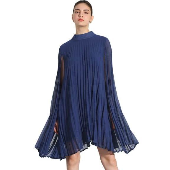 DARING DIVA Flowy Cloak Sleeve Cape Pleated Chiffon Dress M Dark Blue