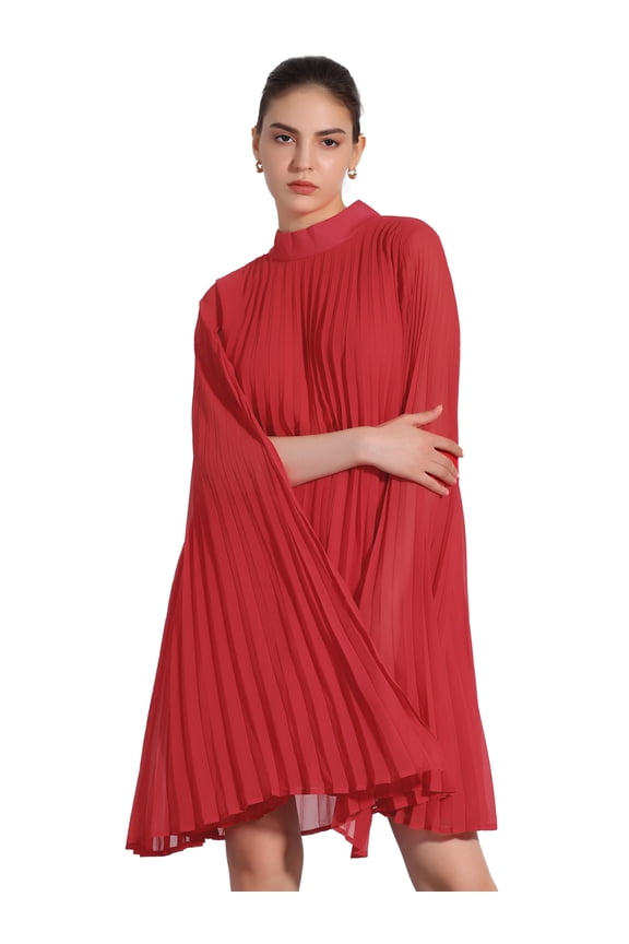 Flowy Cloak Sleeve Cape Pleated Chiffon Dress M Red