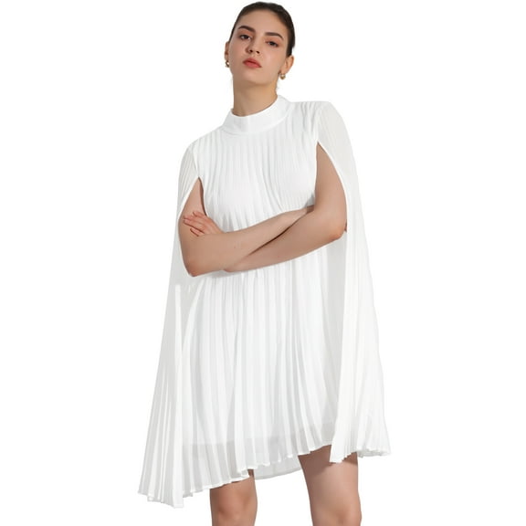 DARING DIVA Flowy Cloak Sleeve Cape Pleated Chiffon Dress M White