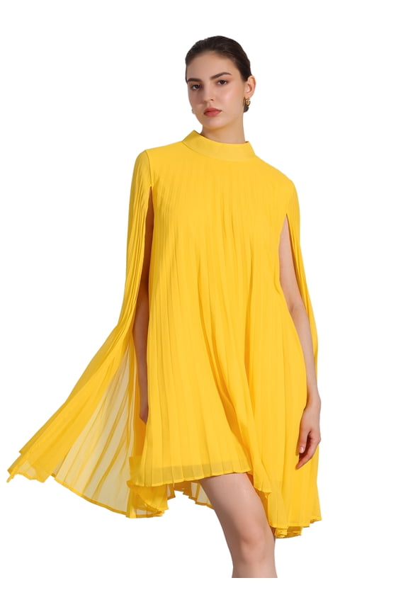 Flowy Cloak Sleeve Cape Pleated Chiffon Dress M Yellow