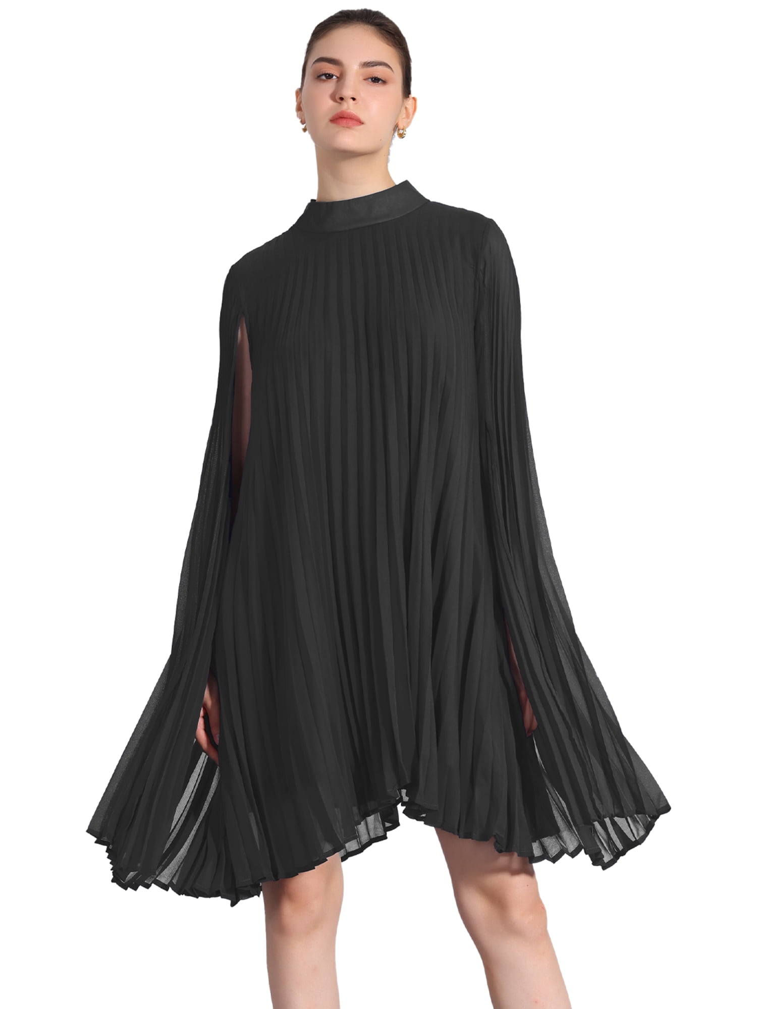 DARING DIVA Flowy Cloak Sleeve Cape Pleated Chiffon Dress XL Black
